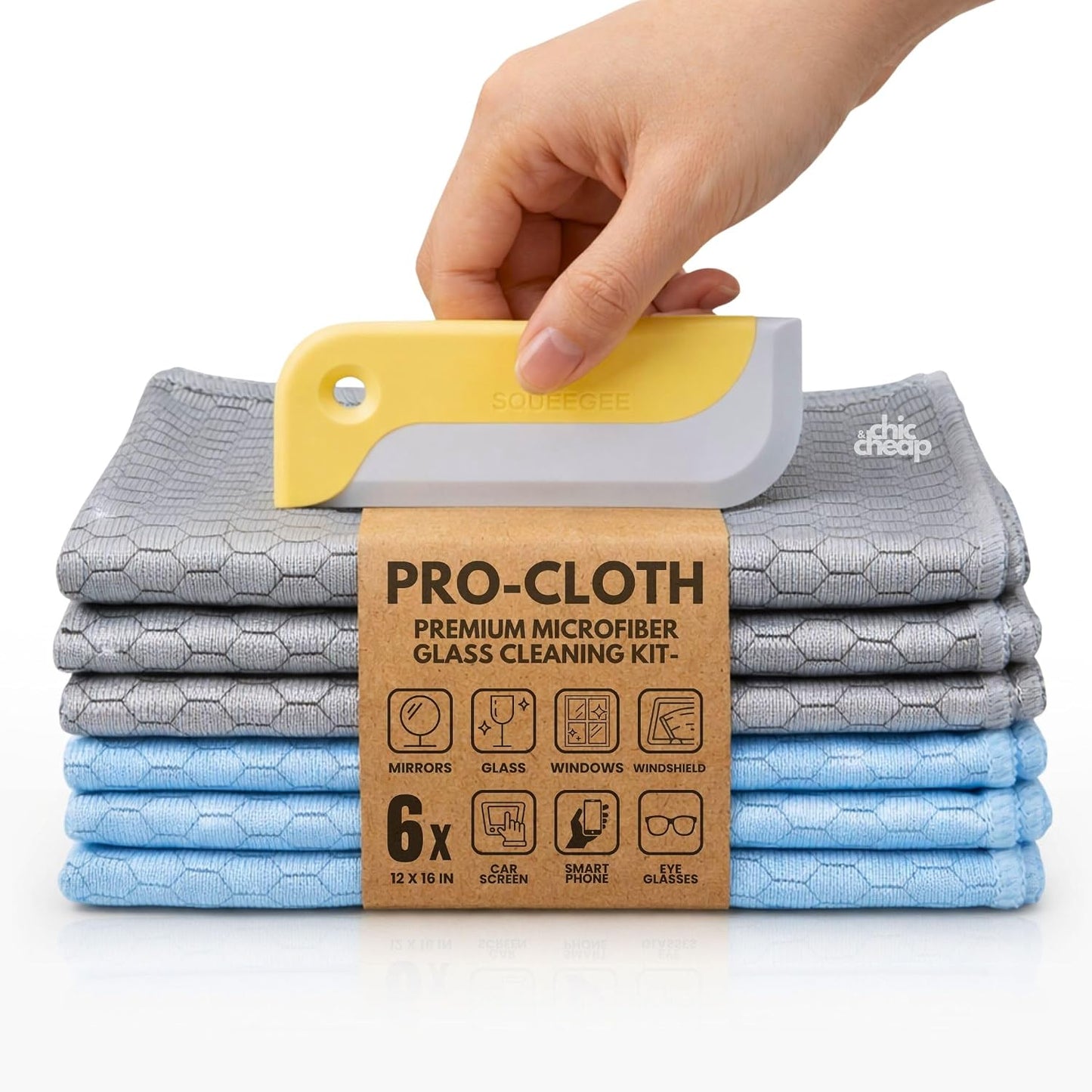 PRO-CLOTH Glass Cleaning Cloths – 6 Premium Honeycomb Microfiber Towels (12"x16") for Windows, Mirrors & Screens – Water Only Lint & Streak-Free Cloths for Home & Car + Bonus Mini Silicone Squeegee