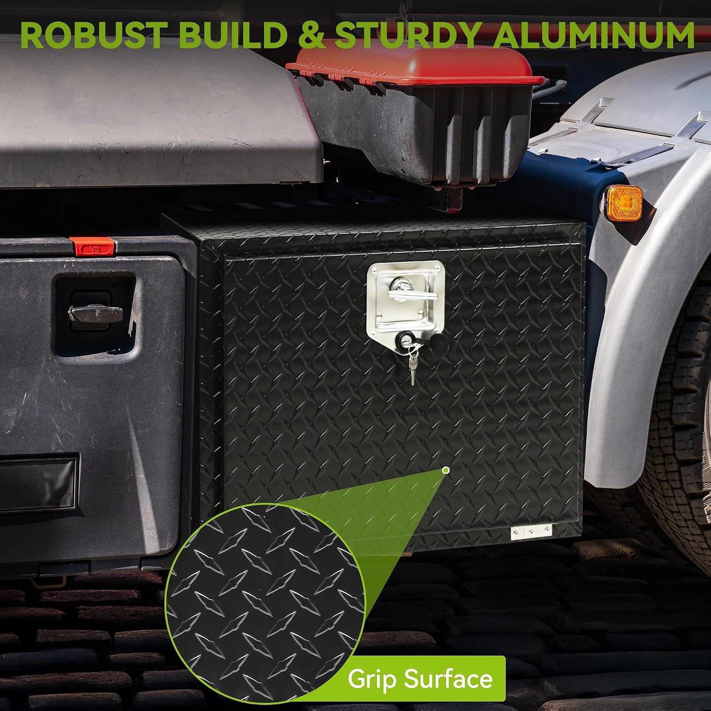 AUTOSAVER88 24 Inch Underbody Tool Boxes, Heavy Duty Aluminum Diamond Plate Toolbox Organizer, Waterproof Chest Storage Box with Lock for Trucks, Trailers, RVs, Warehouses, Black