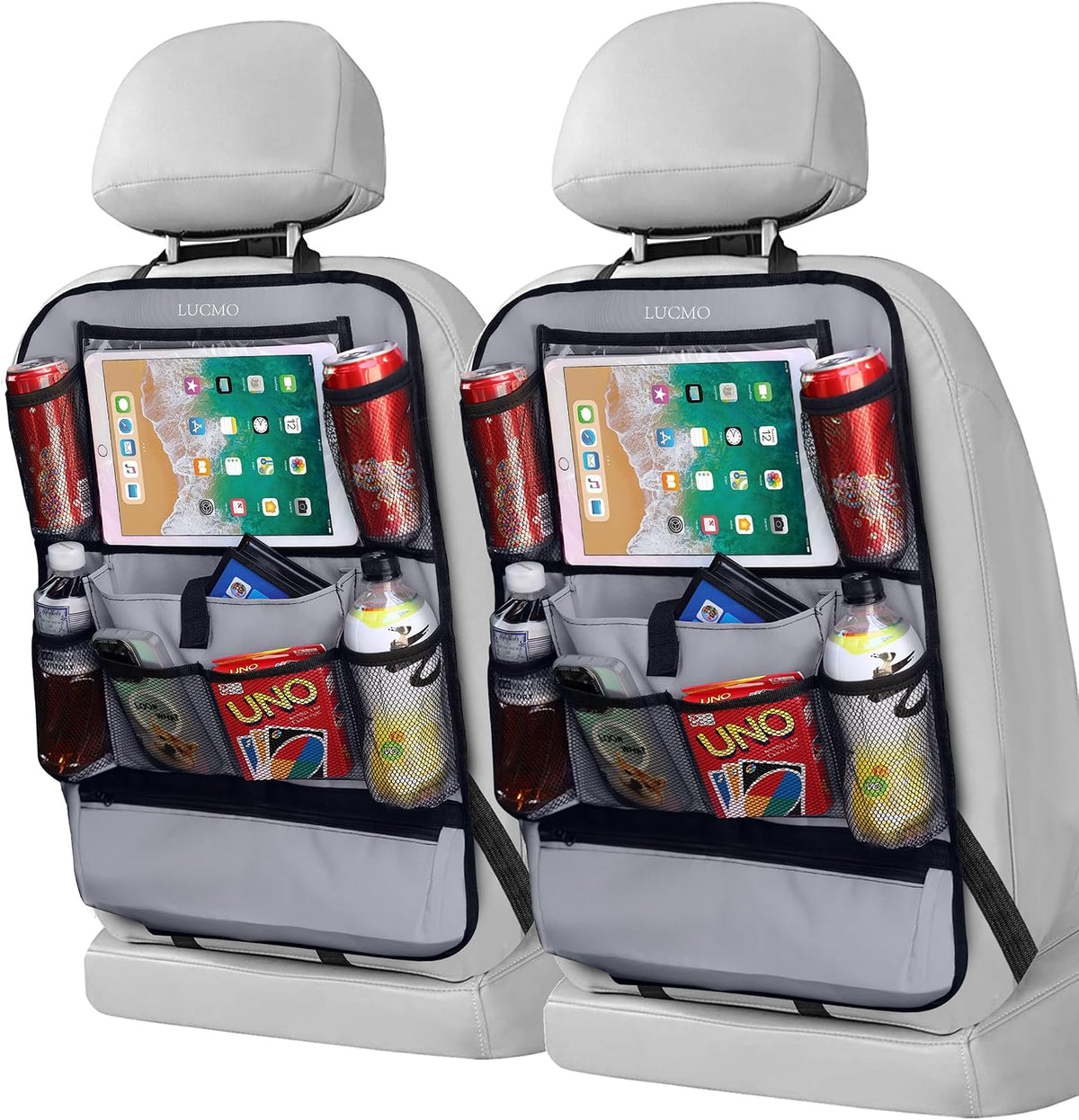 LUCMO Car Backseat Organizer with Touch Screen Tablet Holder,Dark Blue | 2 Pcs,9 Storage Pockets,Clear Tablet Holder,Protectors Kick Mats,Travel Accessories,Seat Cover,Road Trip Essentials