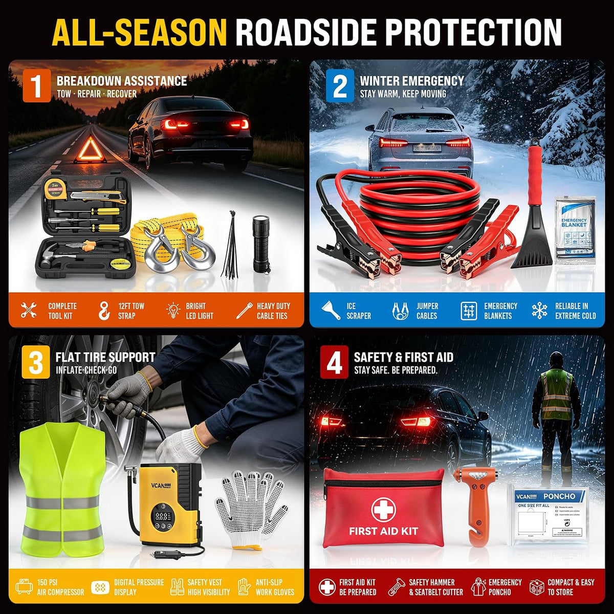 Car Emergency Safety Kit Bag with Portable Air Compressor & Jumper Cables