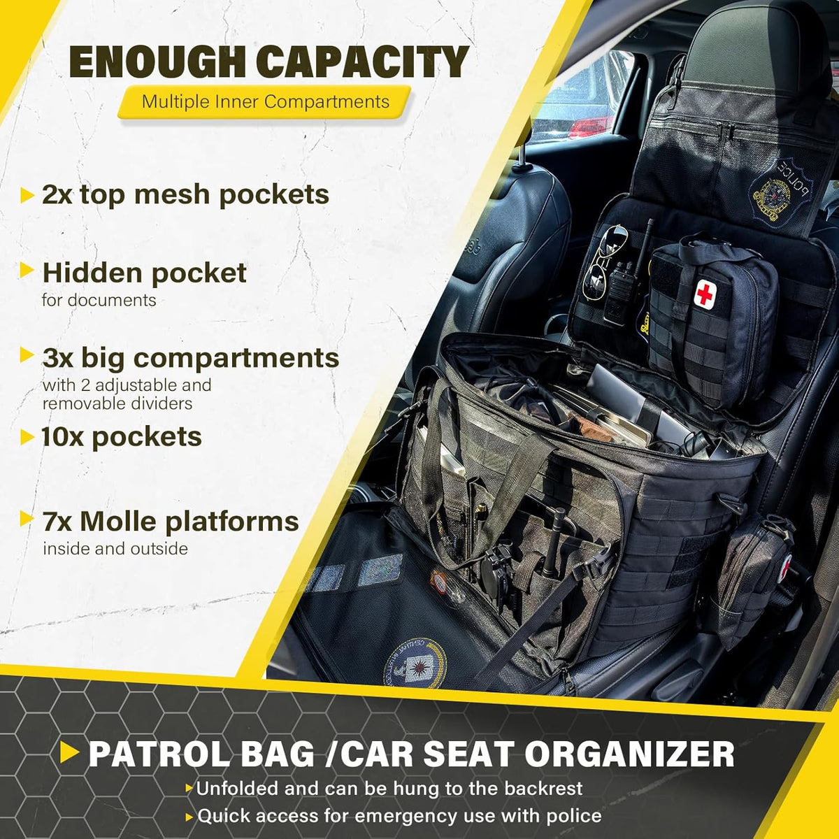 Golkcurx Patrol Bag Law Enforcementt, Front Seat Organizer | Police Gear Bag, Car Organizer for Vehicle Passenger Seat, MOLLE System & Cup Holders