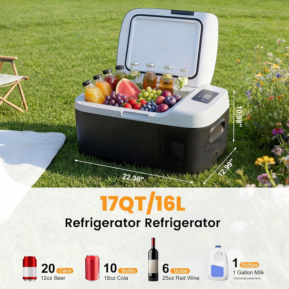 NEWBULIG 12 Volt Car Refrigerator, 17QT Single-Zone Electric Cooler for Vehicles, 12/24V DC &amp; 100-240V AC, -4℉-68℉ Freezer, Bluetooth Control, Battery Protection &amp; Child Lock for Travel, Camping