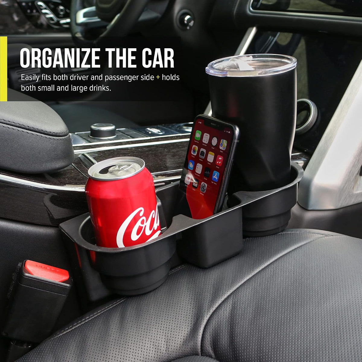Moblorg Portable Cup Holder with Storage, Compact Organizer, Seat Gap Organizer, Recycled Plastic, Made in USA (Black)