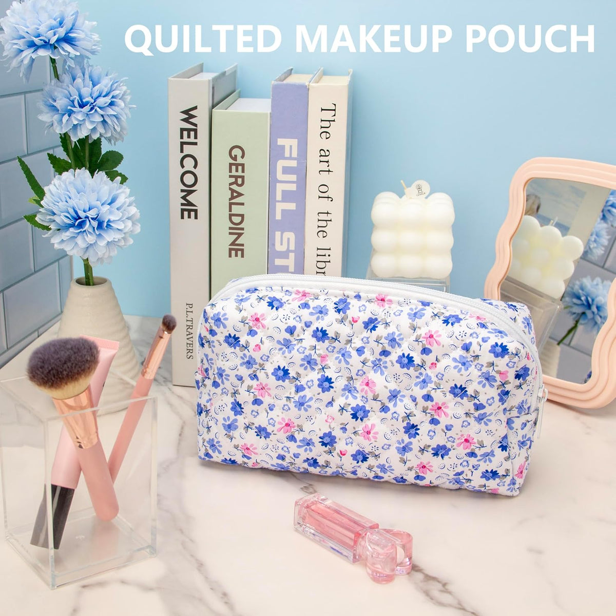 PAZIMIIK Small Quilted Makeup Bag,Zipper Cosmetic Pouch,Floral Blue,6 Pack
