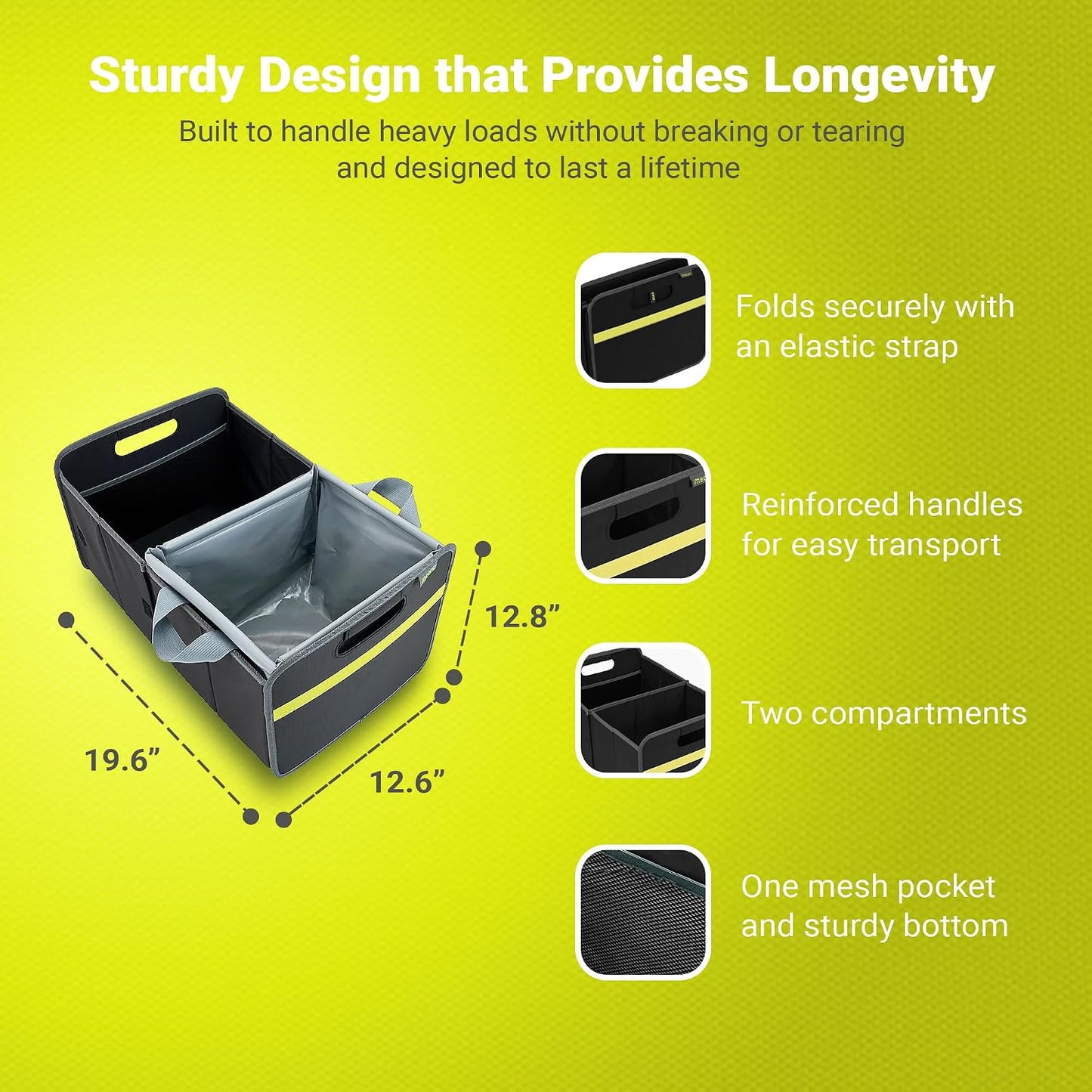 meori Collapsible Trunk Organizer for Car with Cooler for Groceries Road Trips 2 Compartments Heavy Duty Mesh Pocket Ripstop