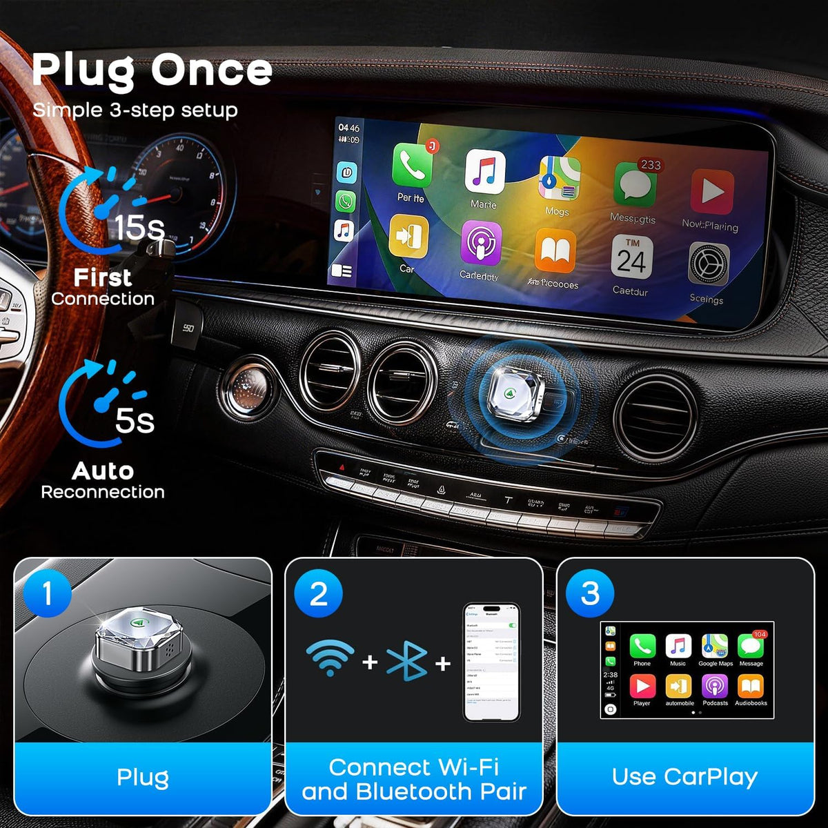 2026 Mini Android Auto Wireless Adapter 2 in 1 Adapter - Converts Wired to Wireless Car Play Dongle, 5.8GHz Fast Bluetooth Receiver for 2016+ Vehicles, Plug & Play Auto Connect (USB-A/C)