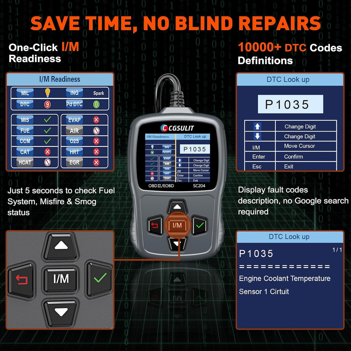 CGSULIT OBD2 Scanner SC204 Code Reader, I/M Readiness, Check Engine Light