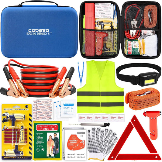 15PC Car Emergency Kit with Jumper Cables, Roadside Assistance Safety Kit for Auto & Truck, Includes Safety Hammers, Tow Strap, Warning Triangle, First Aid, Gifts for Young Men or Women, Blue