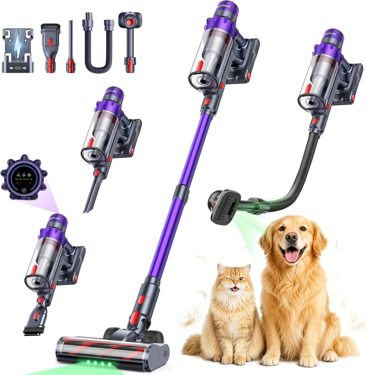 SMOTURE Cordless Vacuum Cleaner, 650W 55KPA 70Mins Vacuum Cleaners for Home, Cordless Stick Vacuum with Pet Brush, LED Touch Screen, Flexible Hose, Wireless Handheld Vacuum for Pet Hair/Carpet/Floor