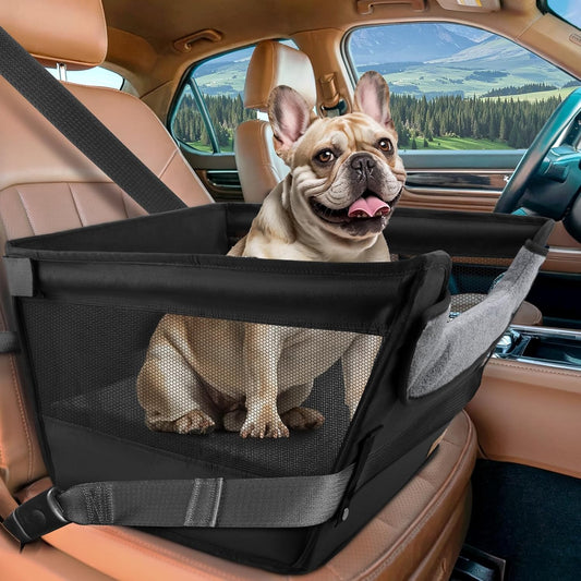 BONTHEE Elevated Dog Car Booster Seat for Dogs &amp; Cats up to 35LB, 6-Inch Memory Foam Pet Booster Seat, Side Breathable Mesh,Portable Travel-Safe Bed for Cars,Elevated Car Seat for Small Medium Dogs