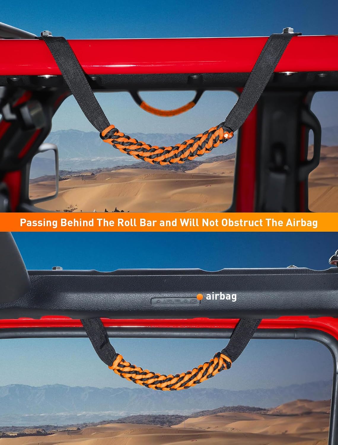 Savadicar 2 Pack Paracord Roll Bar Grab Handles for 2018-2024 Jeep Wrangler JL JLU 4XE &amp; Gladiator JT, Comfortable Cylindrical Weave for Secure Grip, Essential Interior Accessories, Orange