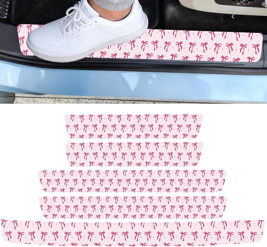 5PCS Pink Bow Car Door Sill Sticker Carbon Fiber Leather Auto Decal