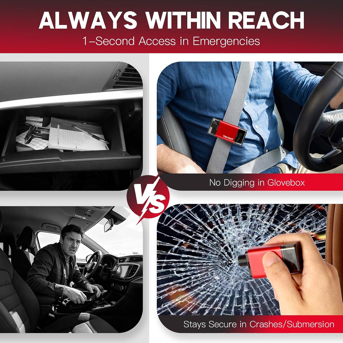2-in-1 Car Emergency Escape Tool, 2026 Upgraded Safehammer Window Breaker with Seatbelt Cutter, Underwater Usable Glass Breaking Safety Accessory, Fixed on Car Seatbelt，Red，1PCS