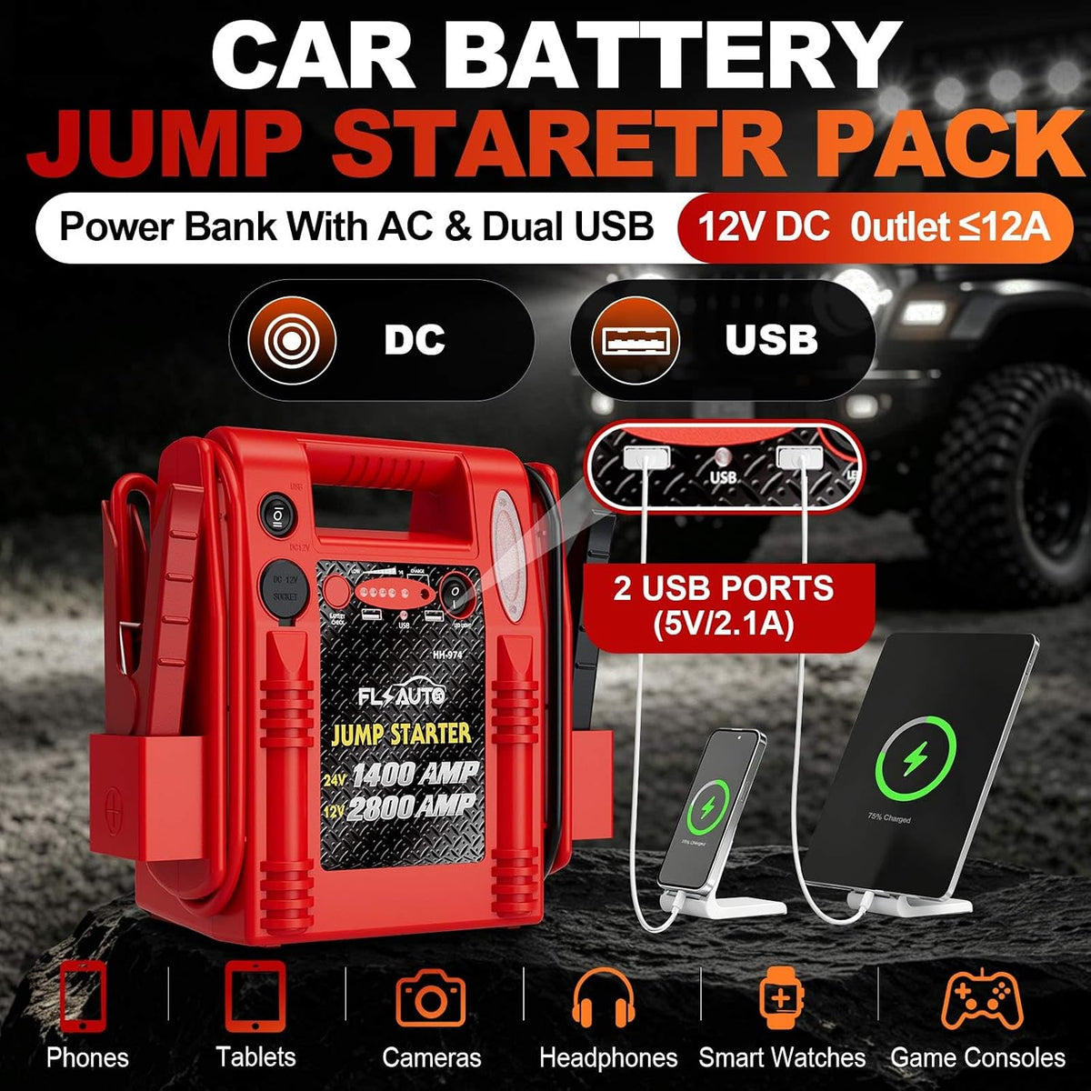 2800A/1400A Heavy Duty 12V/24V Car Jump Starter & Battery Booster – Jumper Pack, Lead-Acid Emergency Power for Cars, Trucks, SUVs, Boats, RVs | FlyAuto