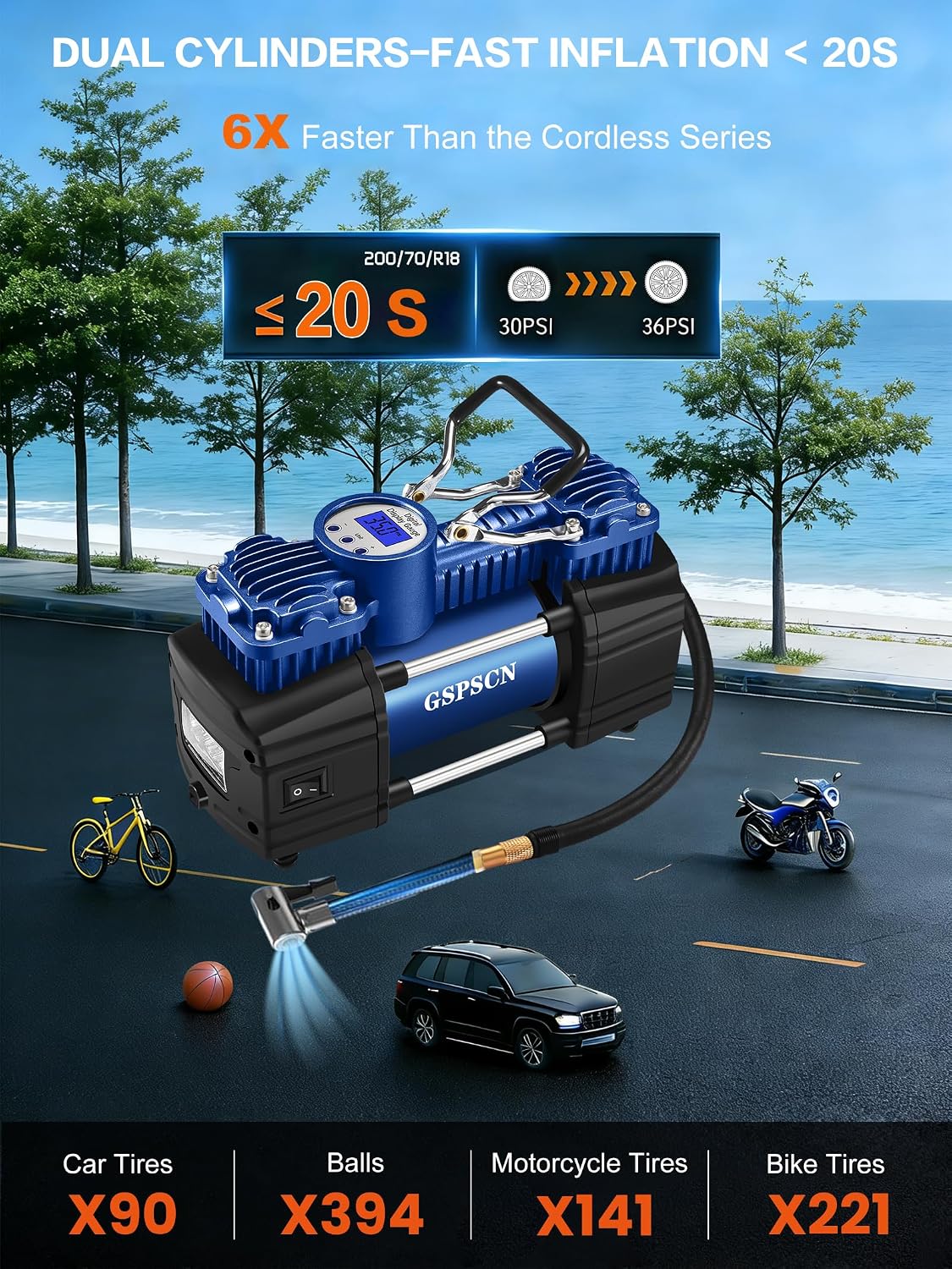 GSPSCN Heavy Duty Tire Inflator 12V Portable Digital Air Compressor Pump