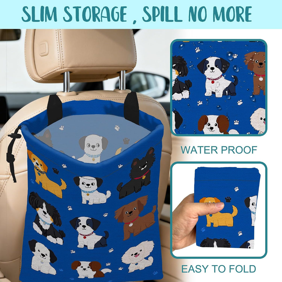 Car Garbage Bag Cartoon Dogs and Paw Prints Drawstring Car Trash Bag Hanging for Back Seat with Adjustable Buckle Canvas Vehicle Trash Can Easy-to-Install