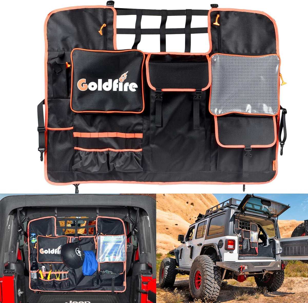 Goldfire Rear Seat Tool Organizers Cargo Net for Wrangler Storage Bag Trunk Cargo Holder Backseat Soft-Shell Carrier Car Pet Dog Barrier Divider Fits for Jeep JK JL 2007-2026 (Black,4 Doors Models)