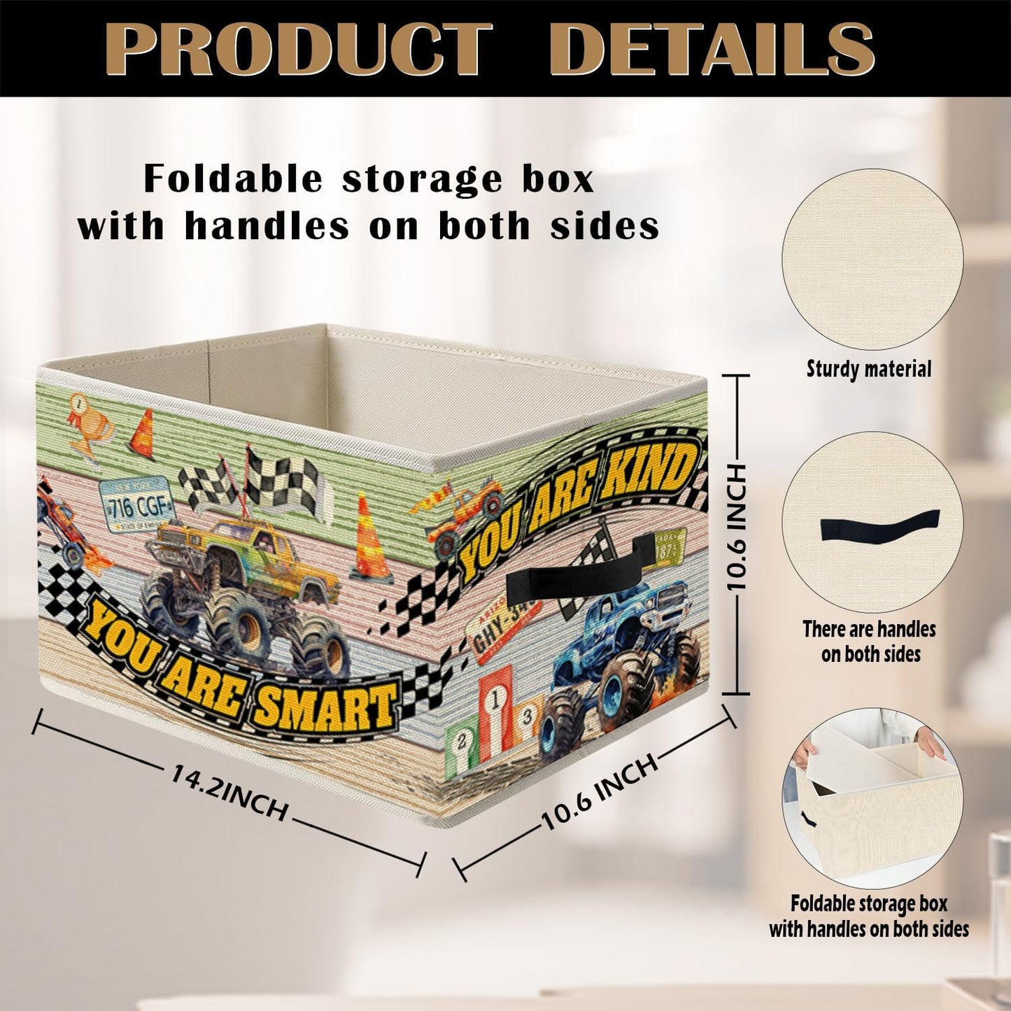 Big Wheel Truck Storage Bin Box with Handles, Kids Boys Inspirational Race Car Foldable Organizer Basket Toybox for Toddler Boys Kids Nursery Bedroom Playroom Clothes Toys Books