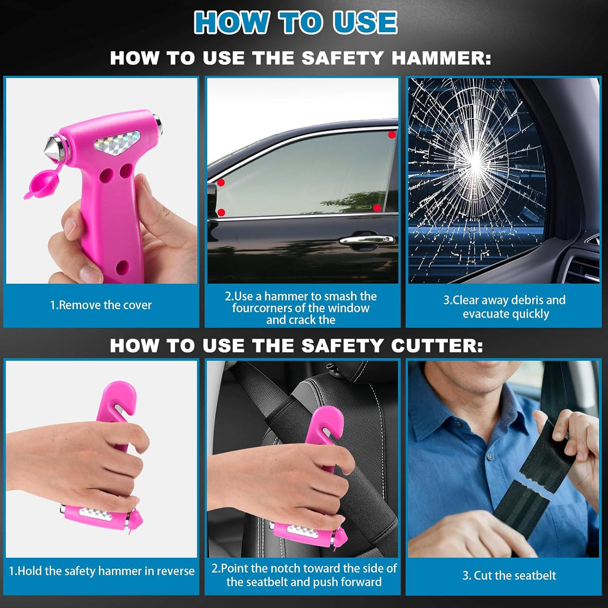 VZZNN 5-Pack Car Safety Hammer, 2-in-1 Window Breaker Seatbelt Cutter