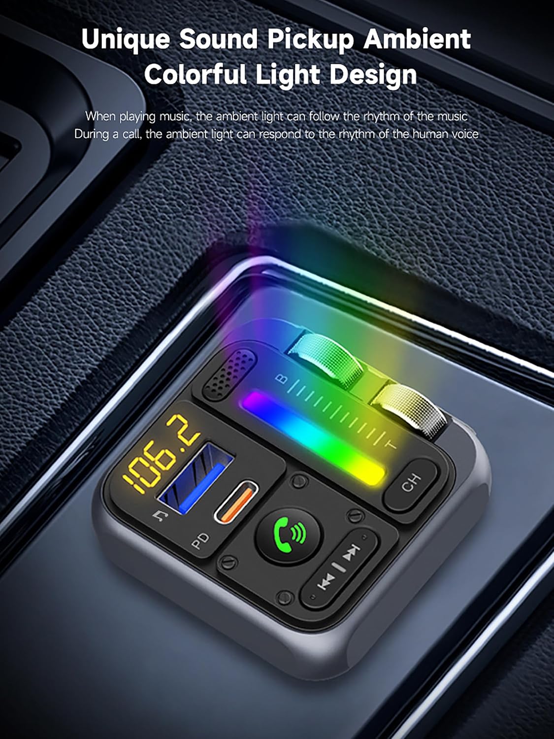 Bluetooth 5.0 Car FM Transmitter, QC3.0 Wireless Car Adapter Mp3 Music Player Car Kit with Hands-Free Calling, 7 Color LED Backlit Car Adapter