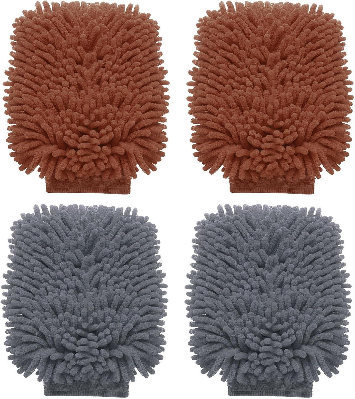 HARFINGTON 4pcs Chenille Microfiber Car Wash Mitts 9"x5.5" Grey Brown