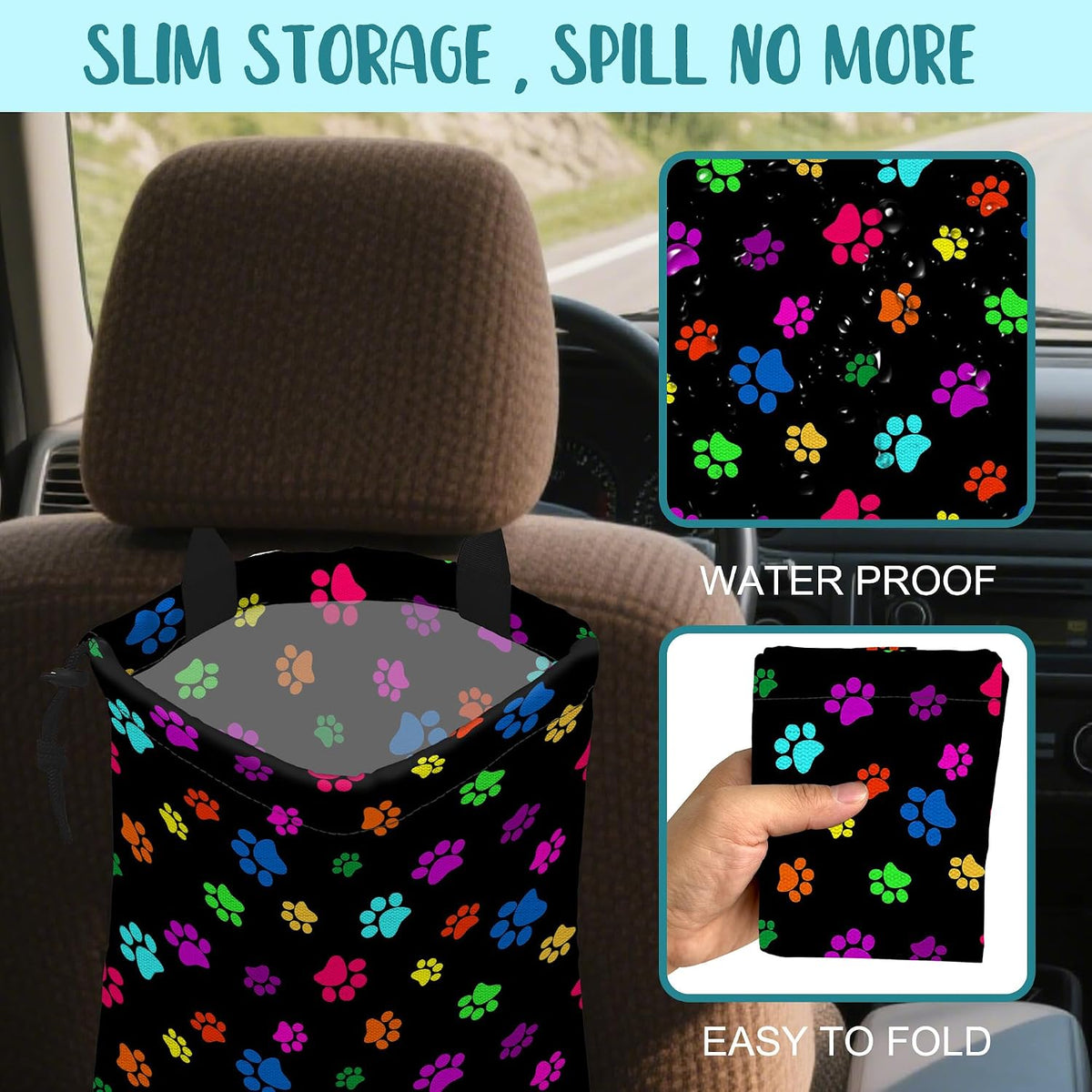 Car Garbage Bag Colorful Paw Prints Hanging Canvas Car Trash Bag Waterproof Drawstring Car Back Seat Organizer for Car Back Front Seat Console with Adjustable Buckle