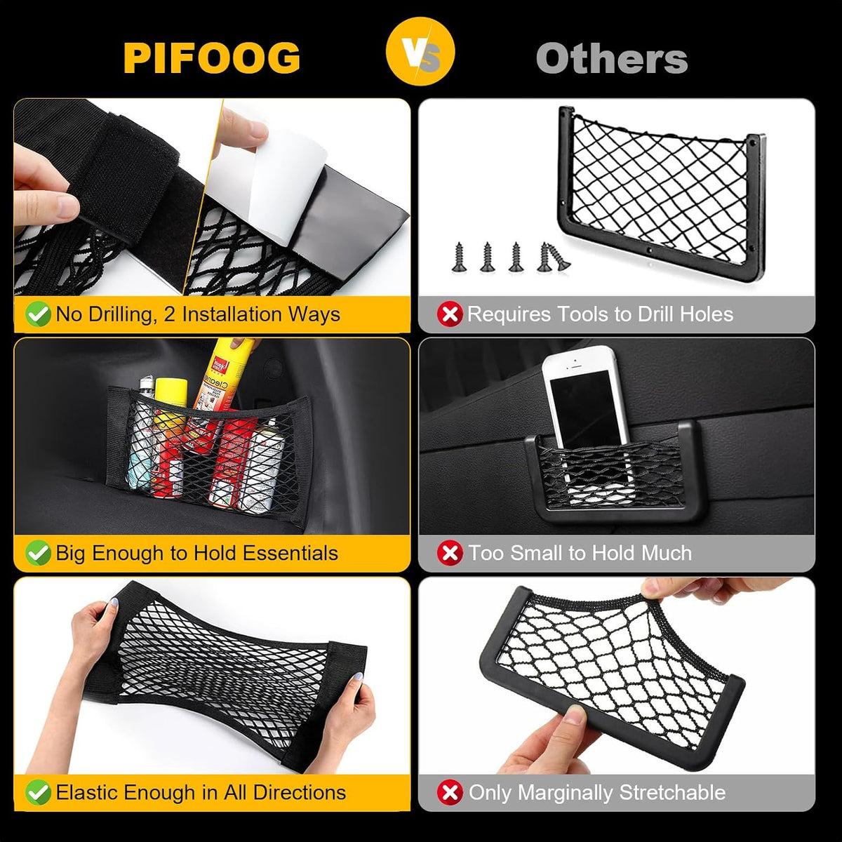PIFOOG 4Pcs Car Storage Net Pockets, Stretchable Mesh Cargo Net Organizer with Adhesive Hook and Loop Strips, Universal Trunk Back Seat RV Camper SUV Truck Storage Pouch, 11.8" x 9.8" & 15.7" x 9.8"