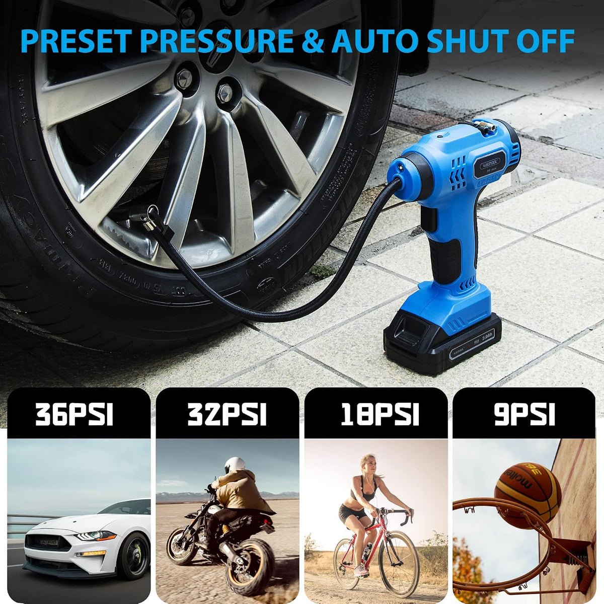 WISETOOL Cordless Tire Inflator Air Compressor,20V Battery Powered Car Tire Pump with Digital Pressure Gauge,150PSI Portable Handheld Air Pump for Car Tires,Bikes,Motorcycles,Ball