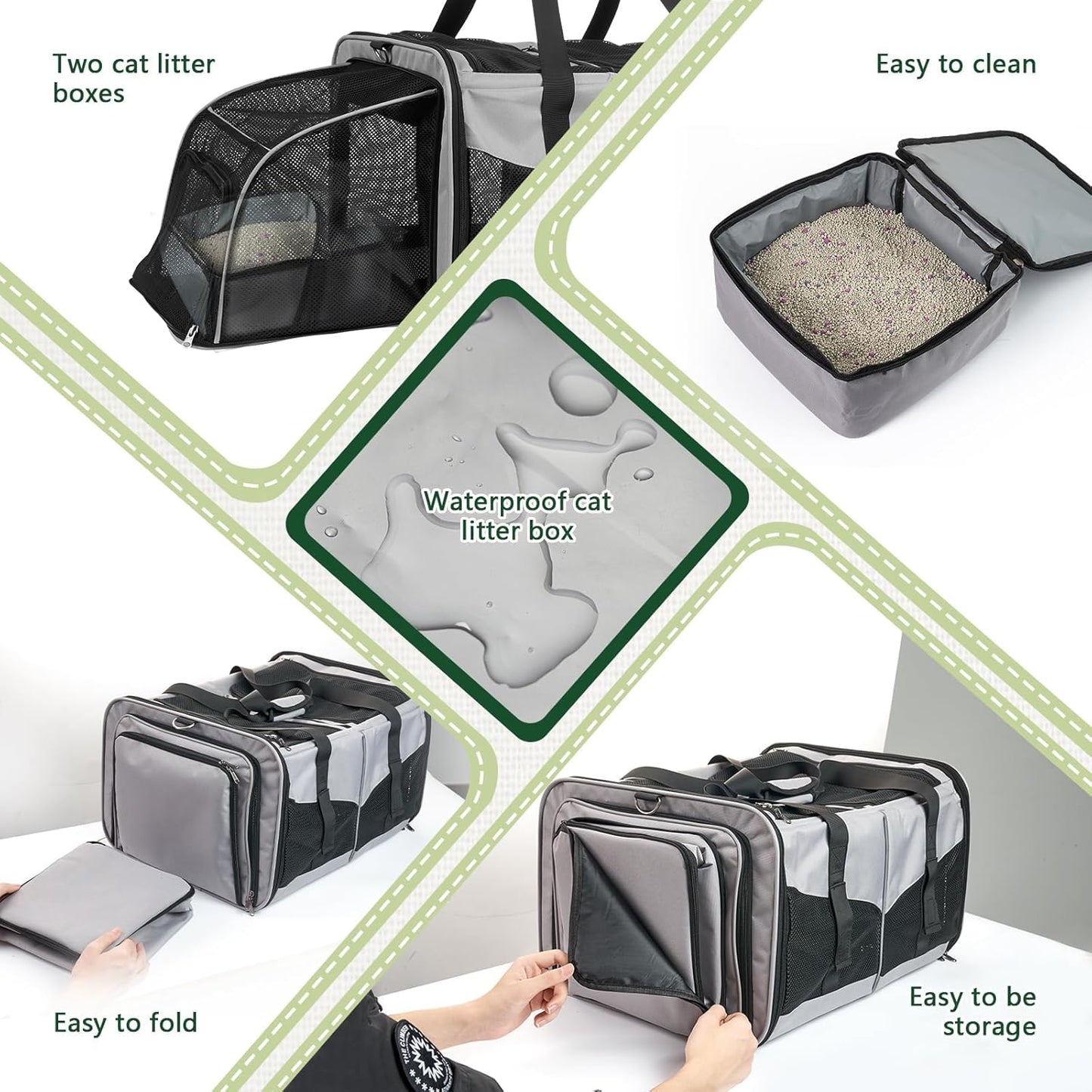 Expandable Cat Carrier for 2 Cats, Double Compartment Large Pet Carrier for Long Distance Car Travel, Includes 2 Portable Litter Boxes, Foldable Multi-Cat Travel for Road Trips & Camping, Gray