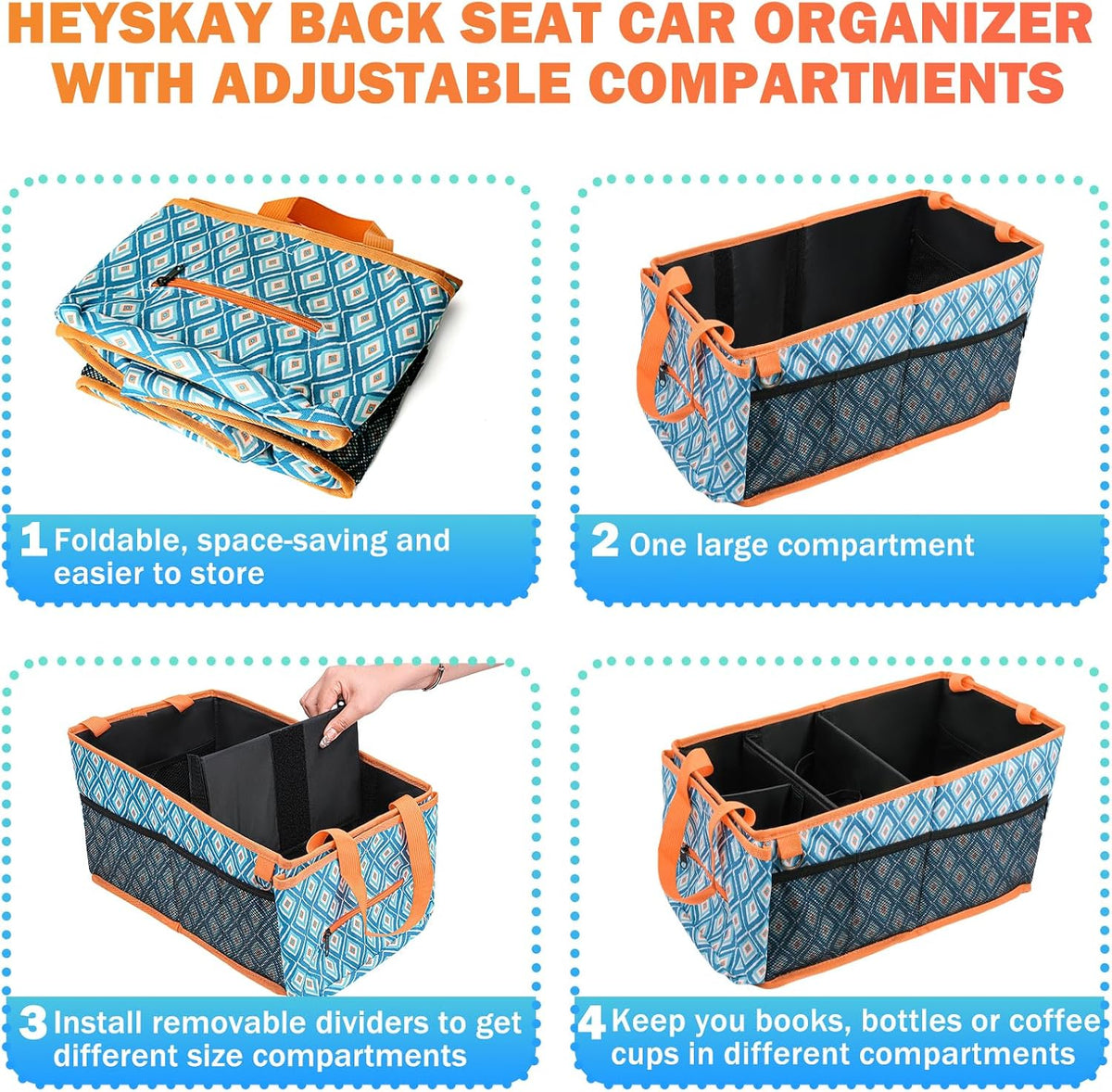 HEYSKAY Car Seat Organizer with Cup Holders, Automotive Seat Back Organizer and Storage with Adjustable Dividers, Book & Toy Organizer for Car and Office