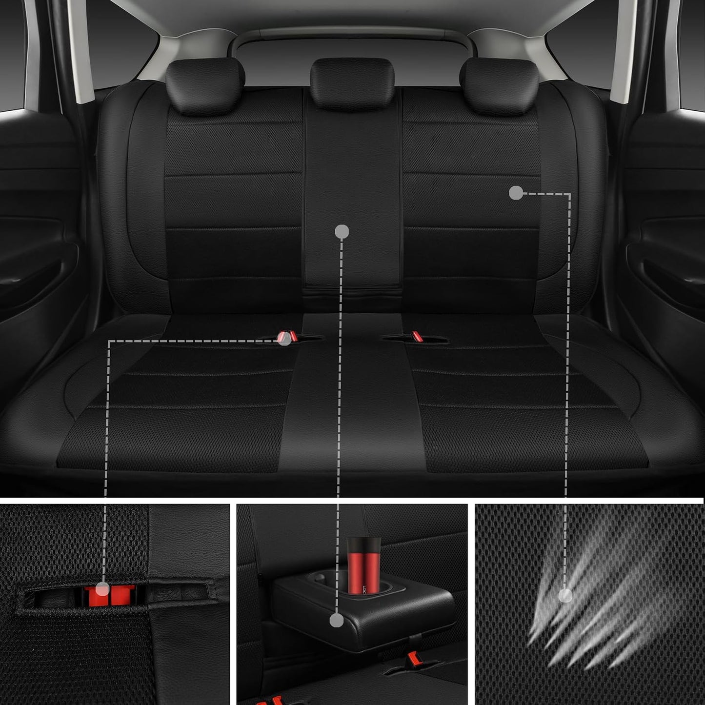 CAR PASS Leather Back Seat Cover, Breathable Mesh Universal Bench Seat Cover, Super 5mm Composite Sponge Inside, Airbag Compatible Fits Most Automotive, Cars, SUVs, Trucks, and Vans (Rear, Black)