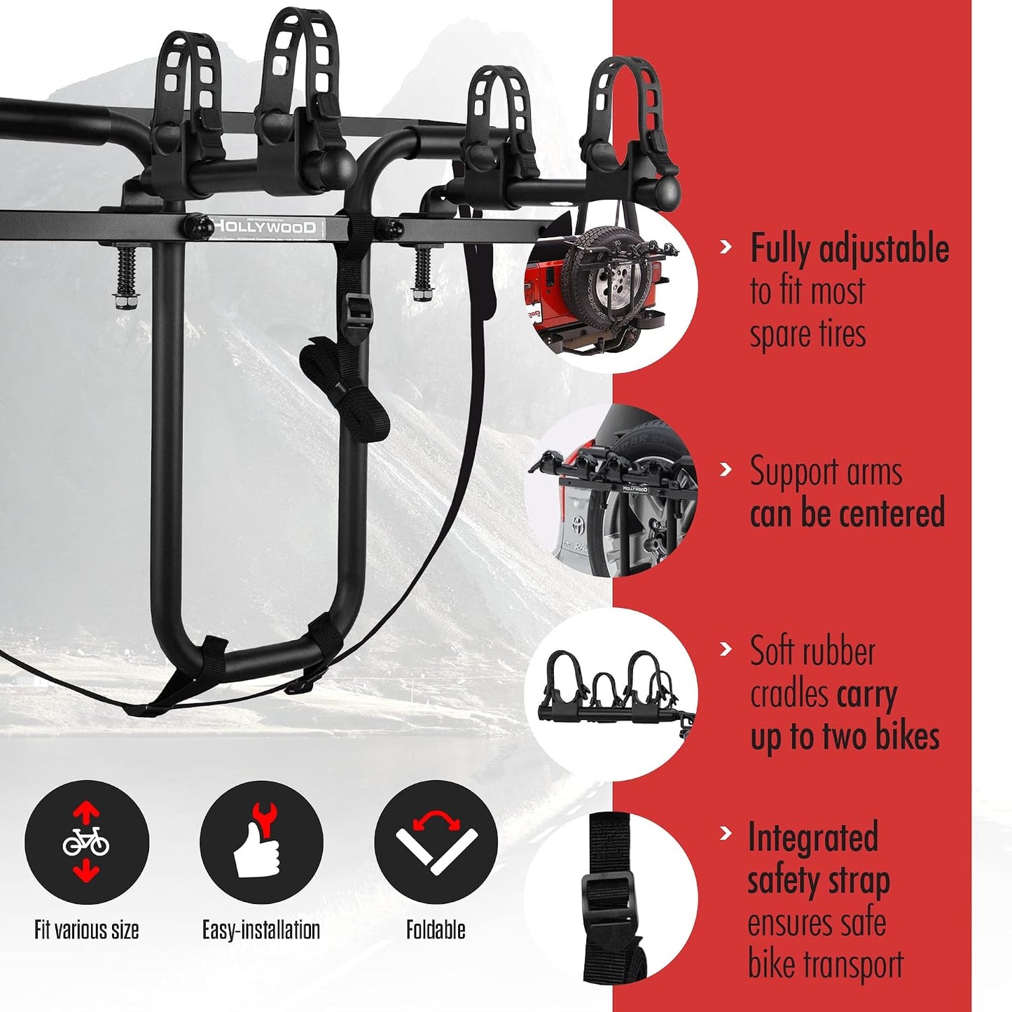 Hollywood Racks SR1 Spare Tire Bike Rack for Car for 2 Bikes, Up to 35 Lbs Each - Adjustable Rear Bike Rack for SUV, Jeep to fit Most Spare Tires - Bicycle Accessories for Adult Bikes
