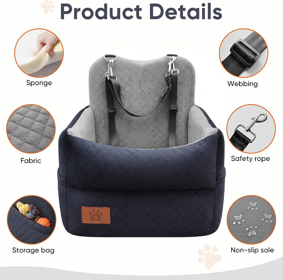 Elevated Dog Car Seat for Small & Medium Dogs Up to 35lbs - Washable Memory Foam Portable Dog Booster Seat, Senior & Puppy Pet Travel Bed for Car (Black/Grey)
