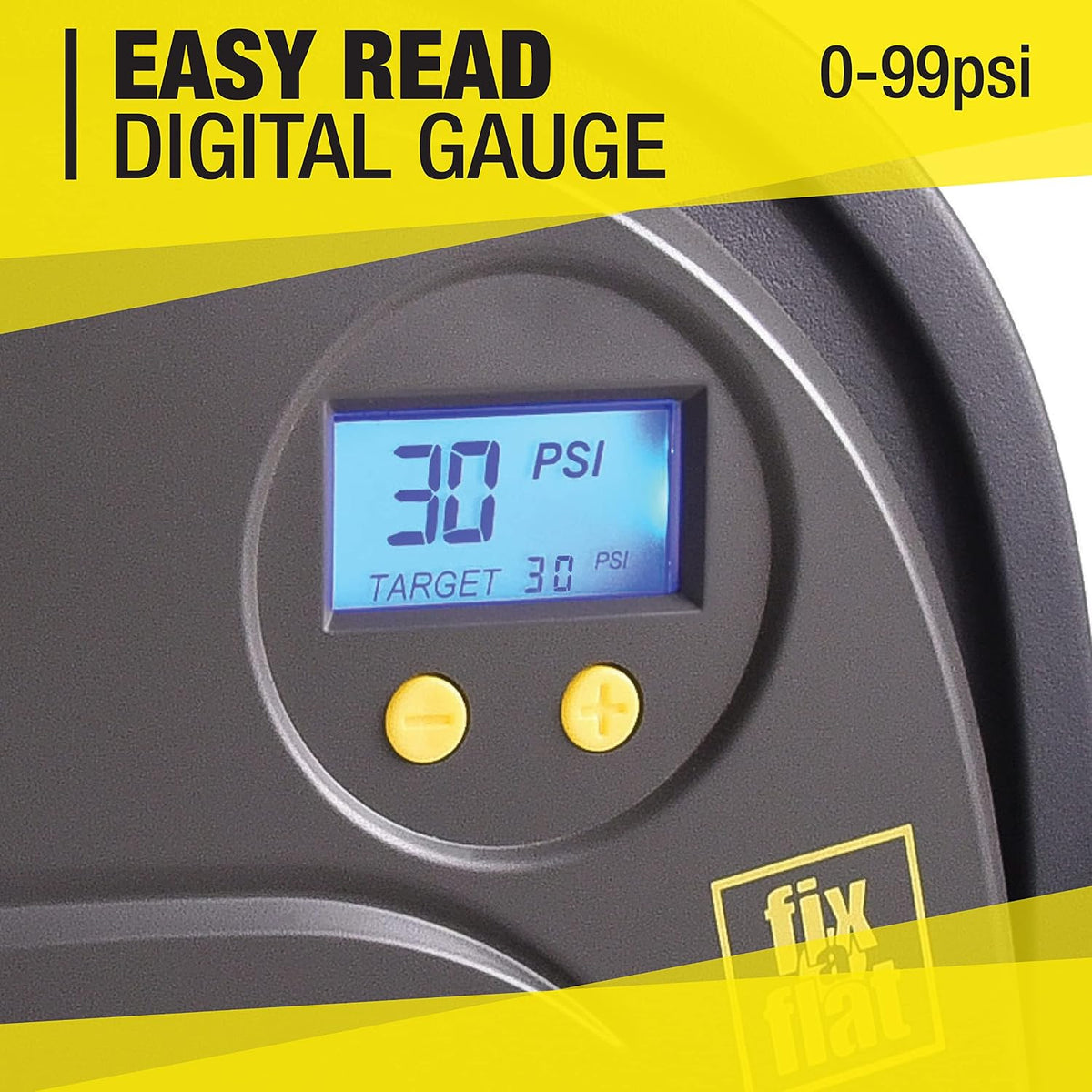 Fix-a-Flat S40074 Tire Inflator, Portable Car Air Compressor, Inflate Right automatic shut off, with Digital 99 psi Display, Long Hose and LED Light, 12V, 6 min inflation