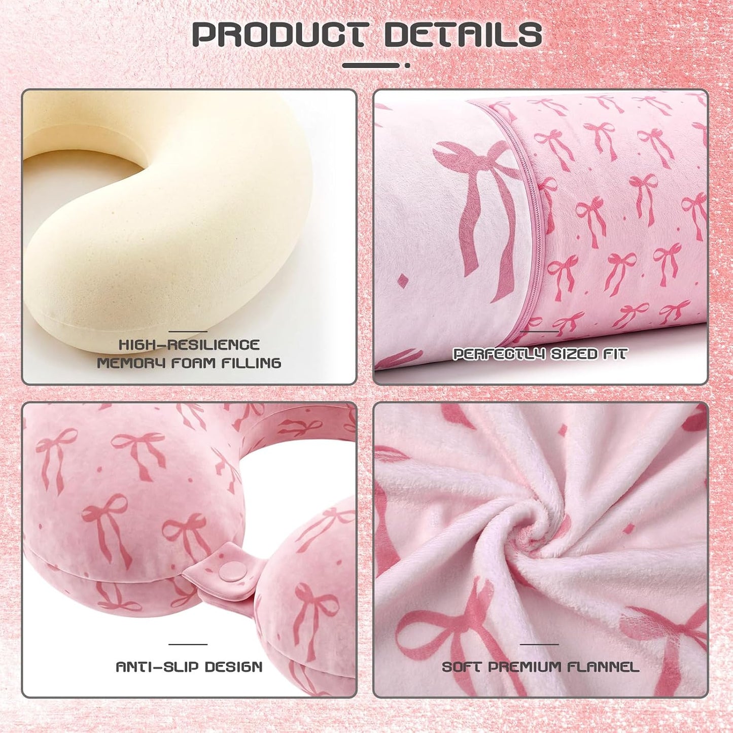Moukeren 4 Pcs Pink Bow Travel Pillow and Blanket Set Memory Foam Neck Pillow Flannel Blanket Eye Mask Pink Bow Storage Bag for Airplane Essentials Car Train Travel for Girls Women Sleeping