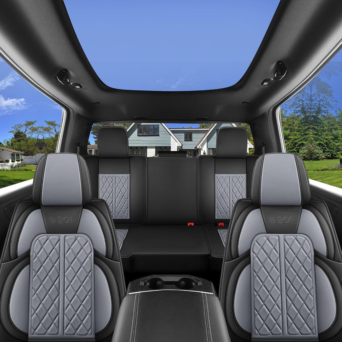 Car Seat Cover Custom Fit for Dodge Ram 1500 2500 3500 2002-2026 Faux Leather Seat Cover Set Compatible with Crew Quad Regular Cab Pickup Truck Cushions (Black & Grey, Full Set, Curved Rear)