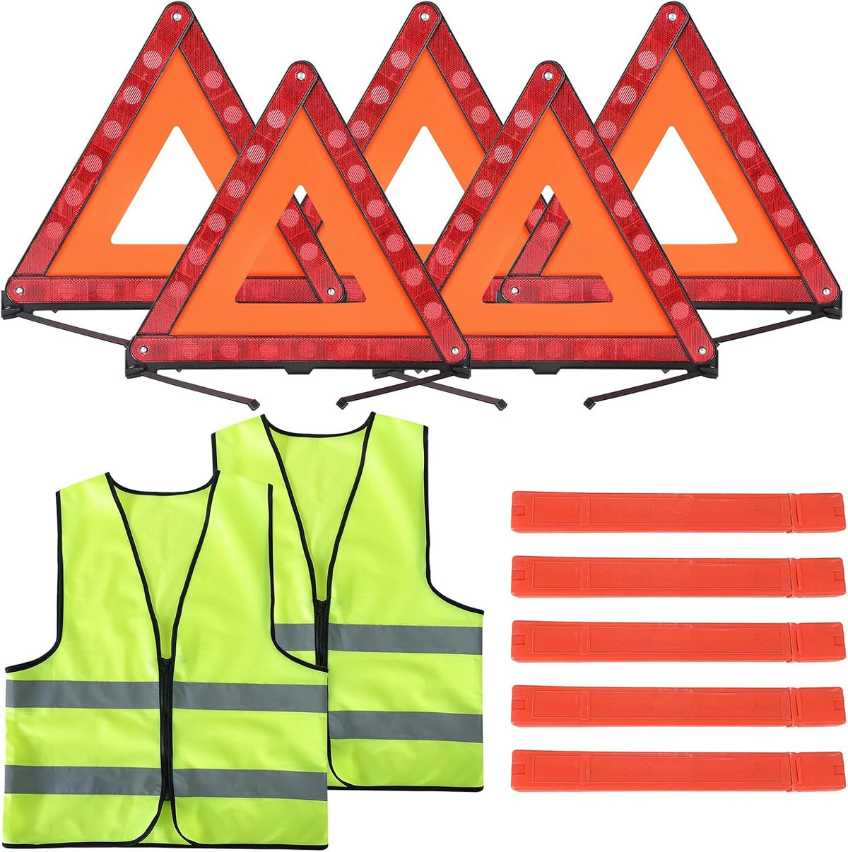 FLKQC Emergency Roadside Safety Kit, 5 Pack Foldable Reflective Warning Triangles with Base + 2 Pack High Visibility Reflective Safety Vest, DOT Compliant Triangle Set with Carrying Case for Vehicle B