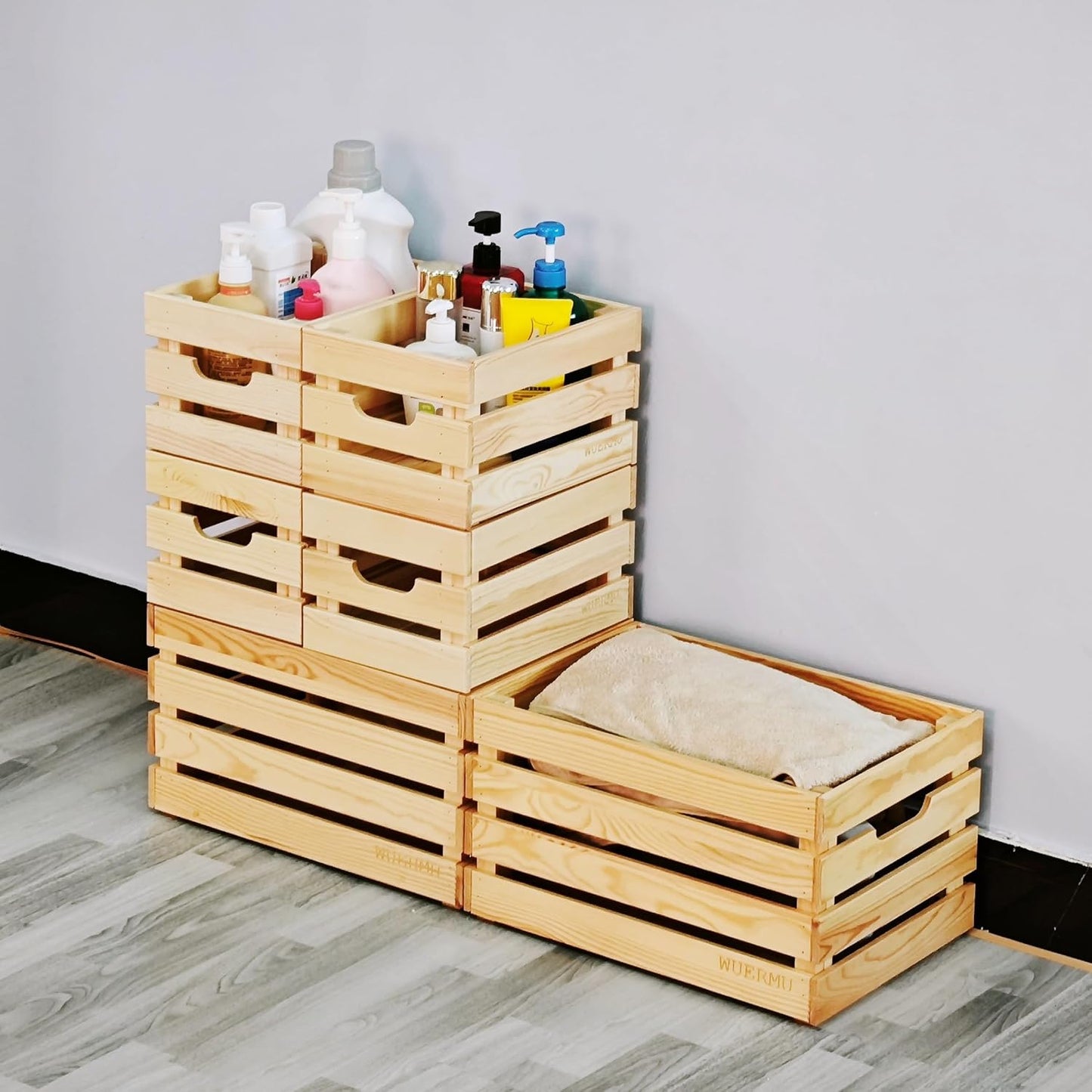 Wooden Crates, Set of 4 for Storage, Milk Crate, Wine Box, Toy Bin, Display Decor, and Camping, 12.2 Inch Sturdy Multi-Purpose Wood Boxes.