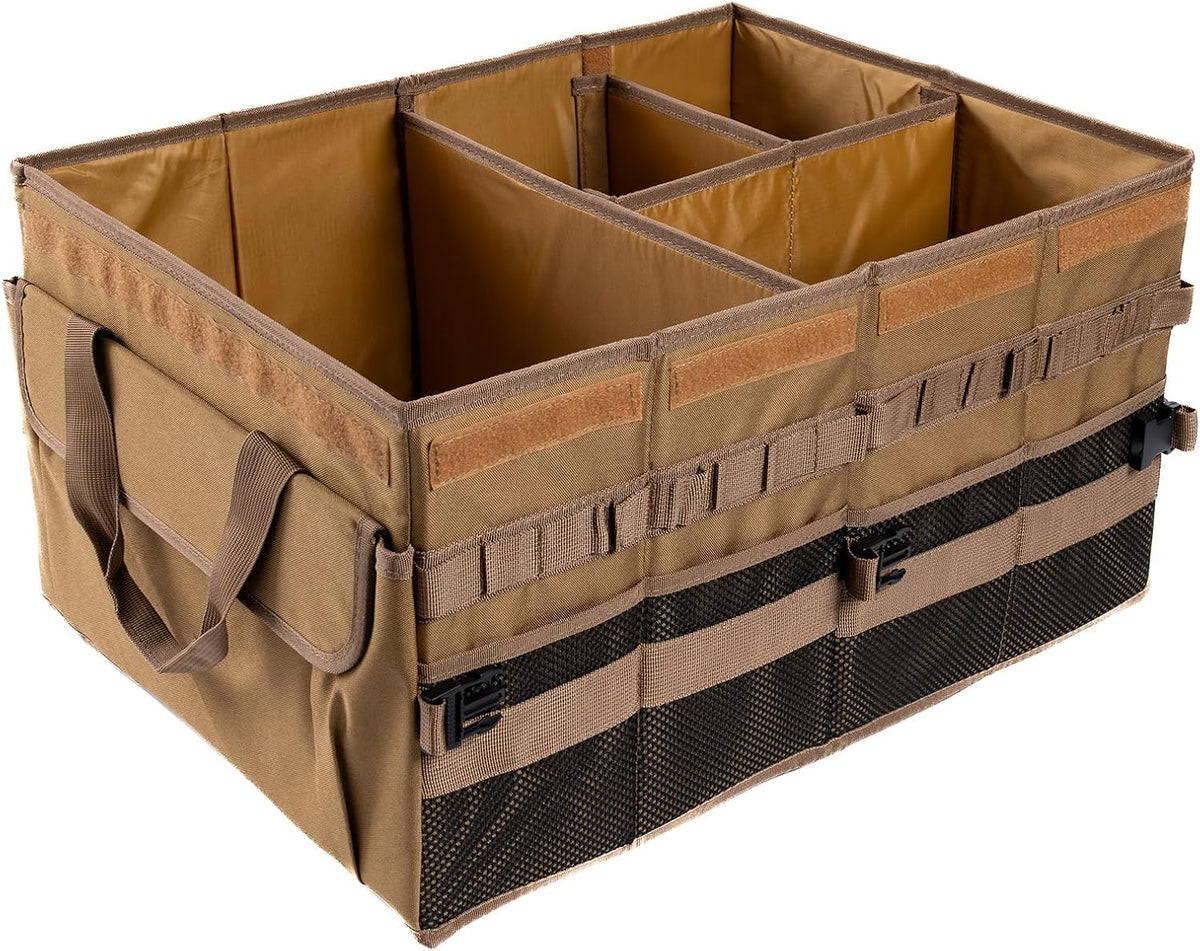 Large 70L SUV Trunk Organizer, Trunk Organizer With Lid, Foldable Cargo Storage Box, Brown, 4-Compartments With Handle, Universal for Car Sedan Truck Camping Grocery Shopping Travel