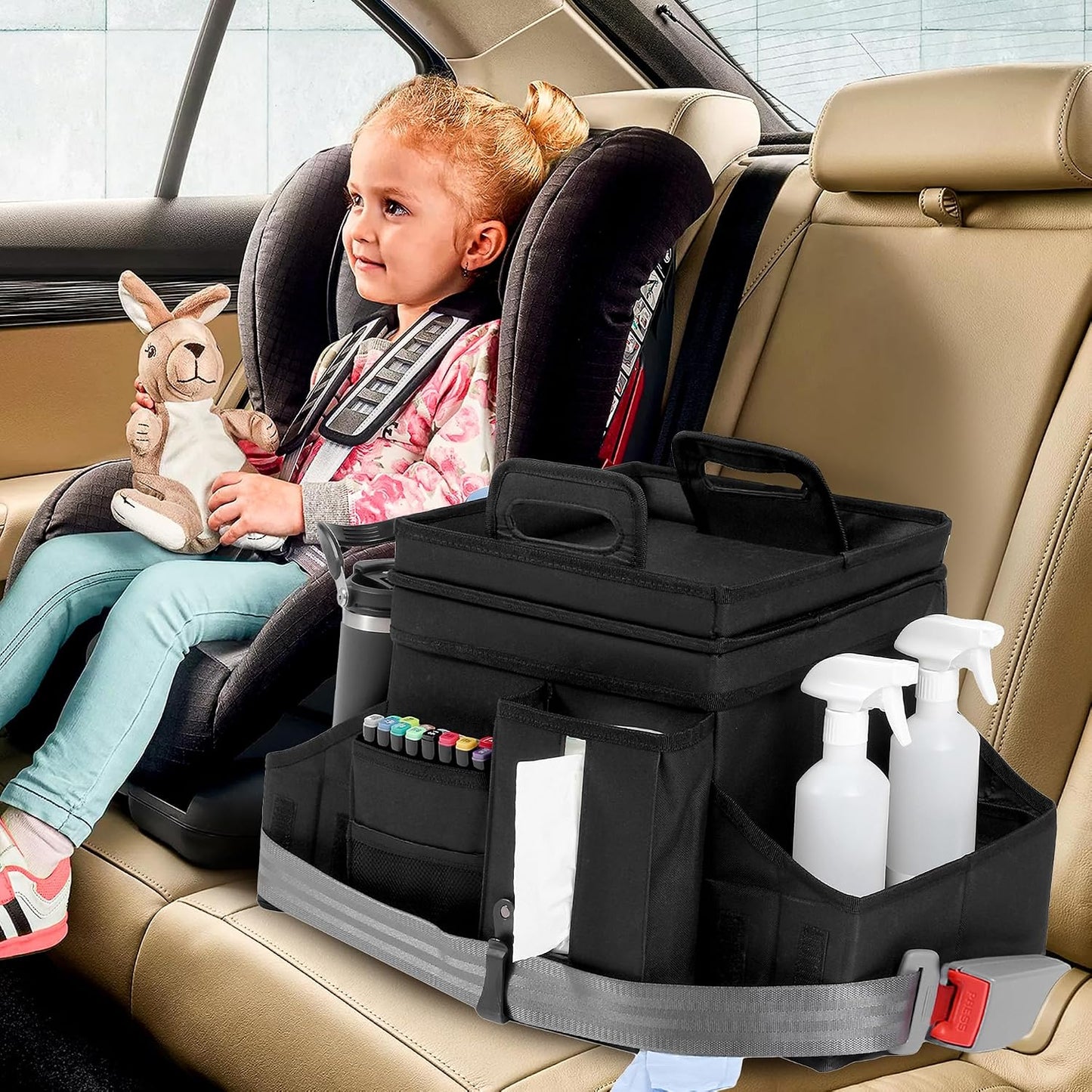 LUVHOMEE Car Organizers and Storage for Backseat & Front Seat - Collapsible Car Caddy w/Headrest Strap, Leakproof Cooler, Lid & Cup Holders | Fits Passenger Seat, Easy-Access Travel Snacks & Drinks
