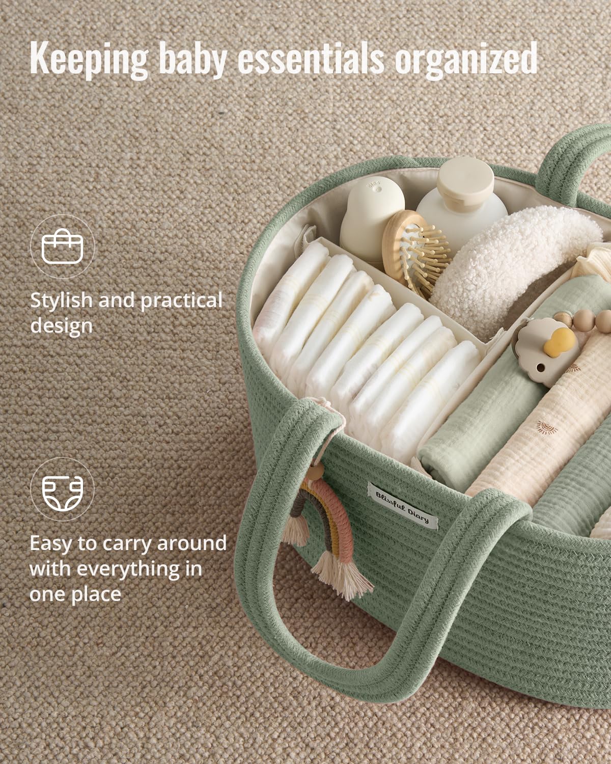 Blissful Diary Baby Diaper Caddy Organizer, Cotton Rope Diaper Caddy Basket, Oval Storage Basket, Gift for Baby Shower, Newborn Essentials, Green