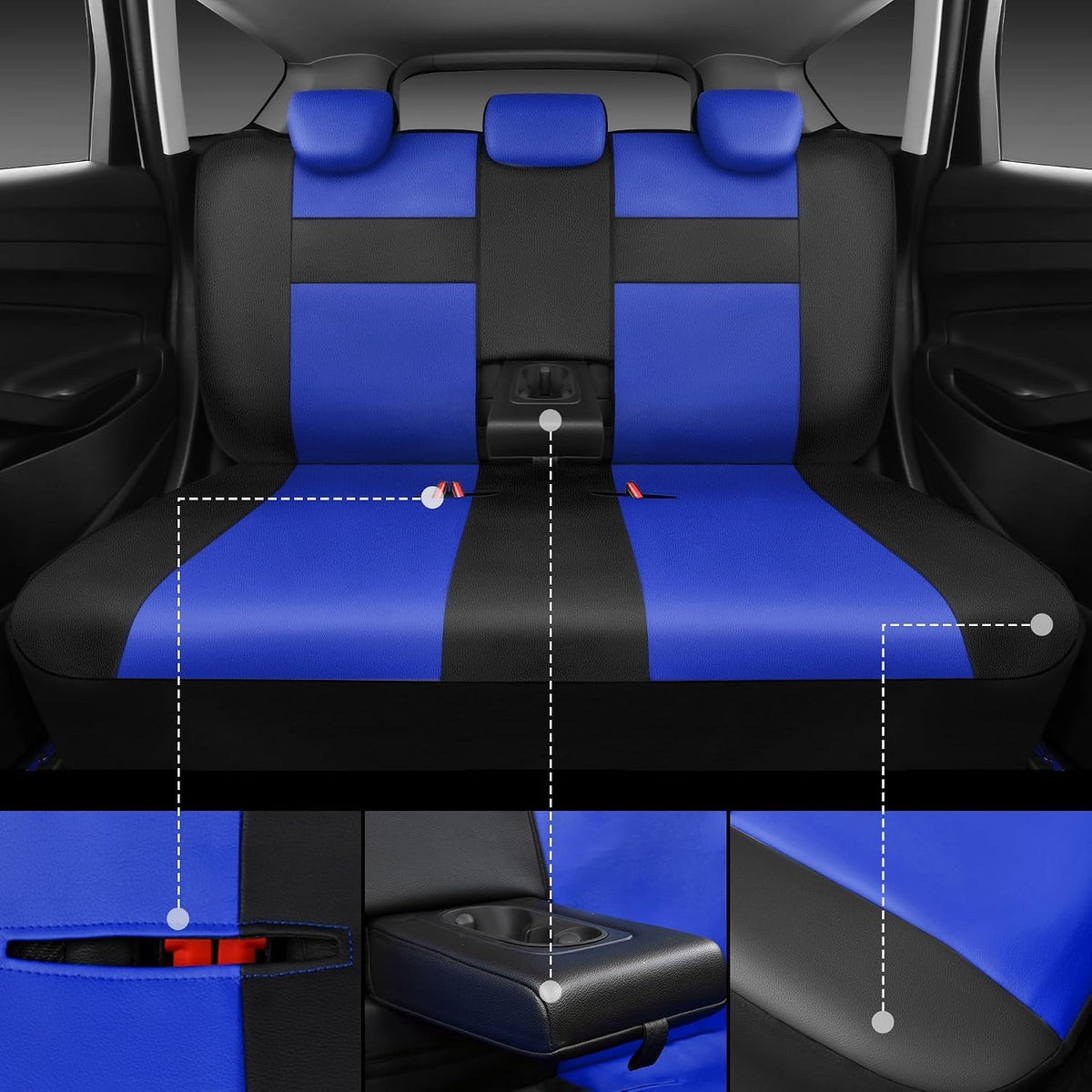 CAR PASS Leather Seat Covers Full Set Universal Water Resistant 3D Foam Back Support, Luxury Comfort Automotive 5 Seat Covers All Season Fit for SUV,Sedan,Van, Airbag Compatible Elegance(Blue Black)