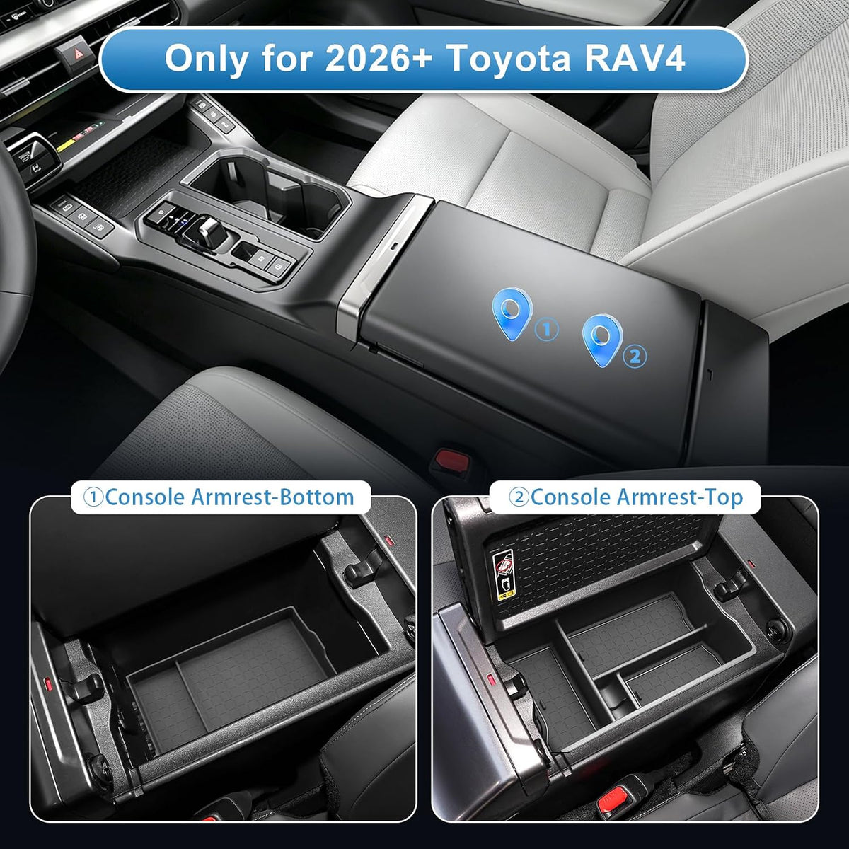 (Upper+Lower Layer) 2026 R AV4 Center Console Organizer for Toyota R AV4 (LE/SE/XLE Premium/Woodland/XSE/Limited), Durable ABS&Silicone Console Tray Insert 2026 R AV4 Accessories