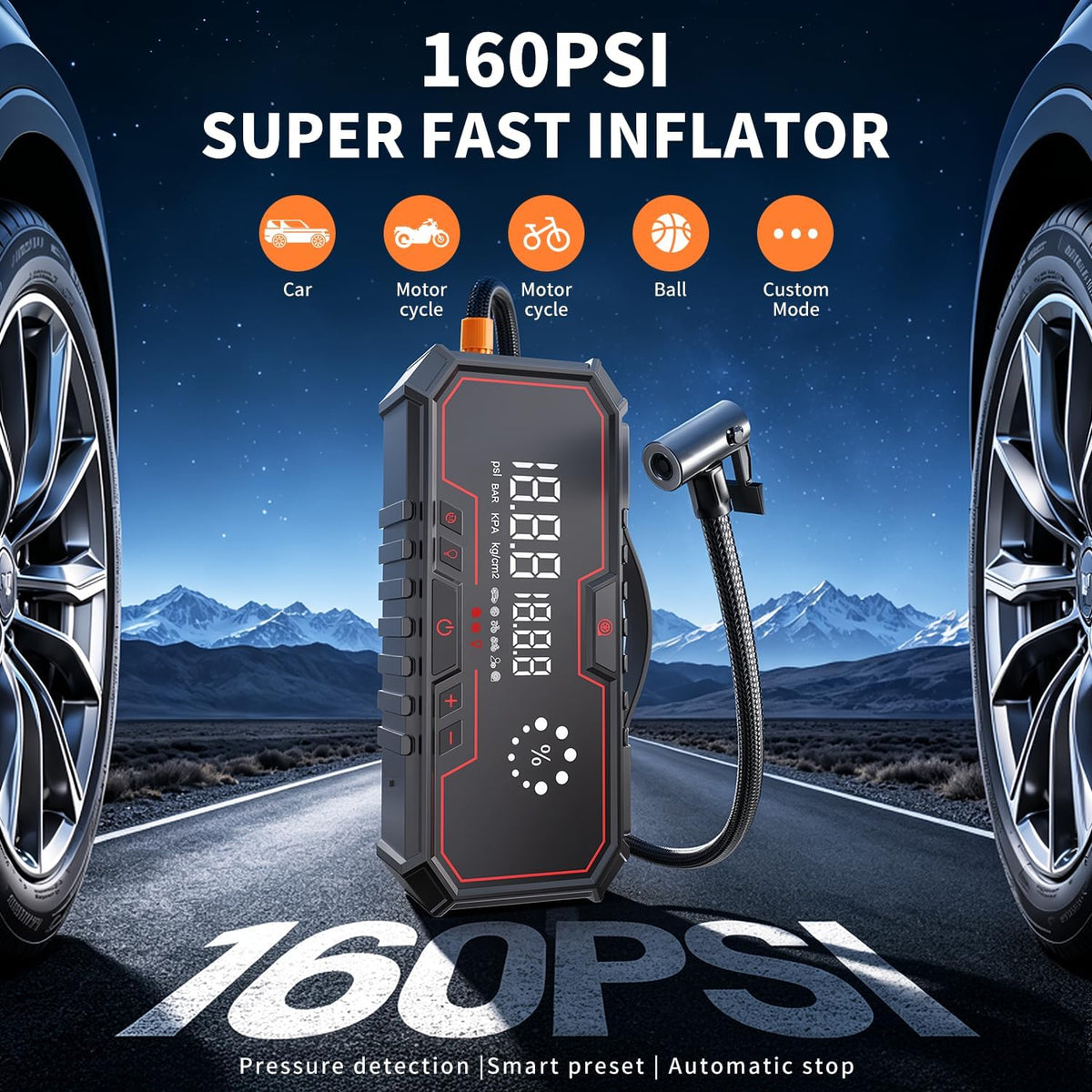 Jump Starter with air Compressor, 5000A Emergency Starter Jump Box (Gas 9L/Diesel 8L), Jumper Cable Jump Starter Portable with air Compressor 160PSI, car Roadside Emergency kit, SOS Light