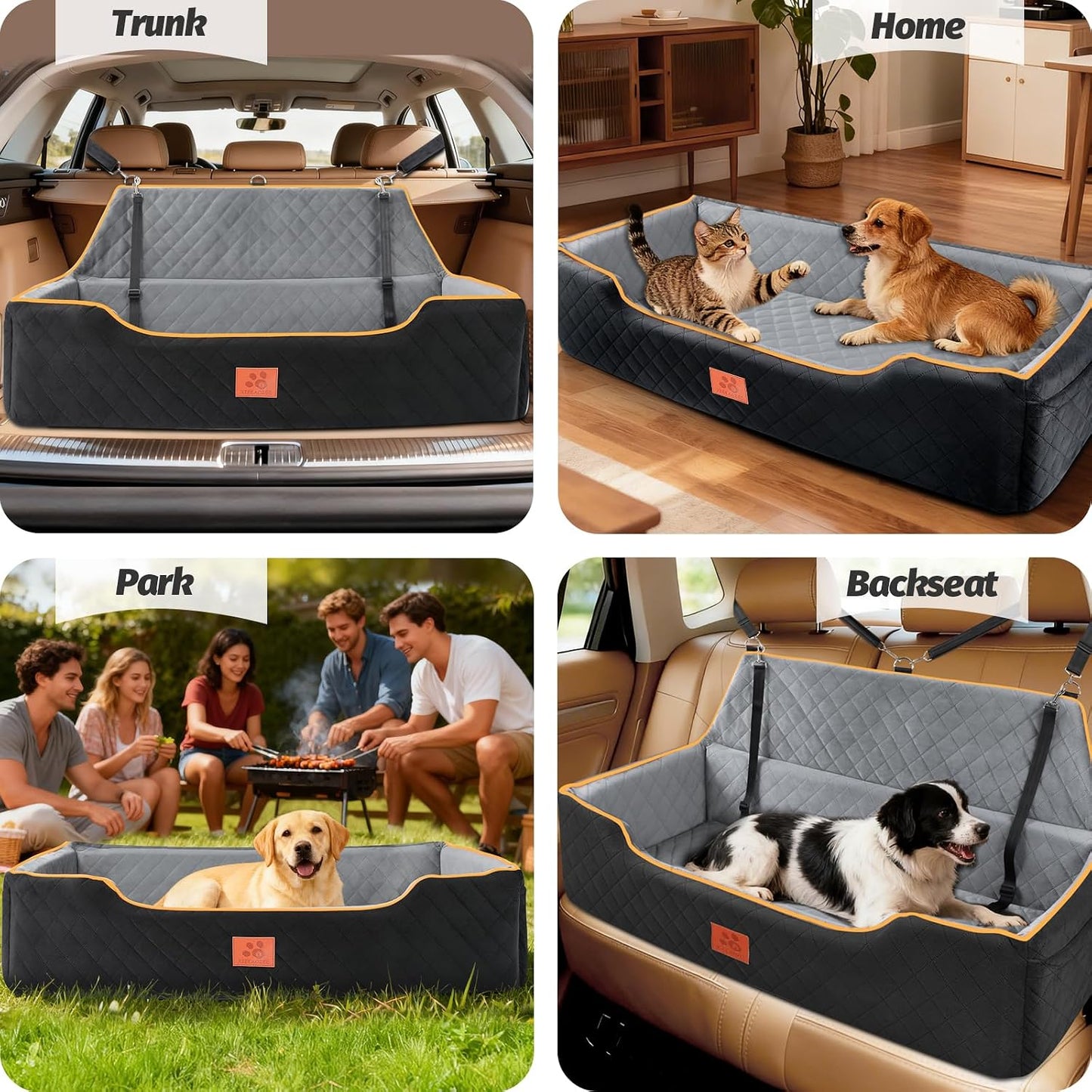 XIEEAOZEE Large Dog Car Seat, Memory Foam Dog Car Bed for Backseat & Trunk, Washable Pet Booster Seat Under 100 lbs or 2 Medium Dogs, Pet Travel Seat with Storage Pockets, 2 Safety Belts