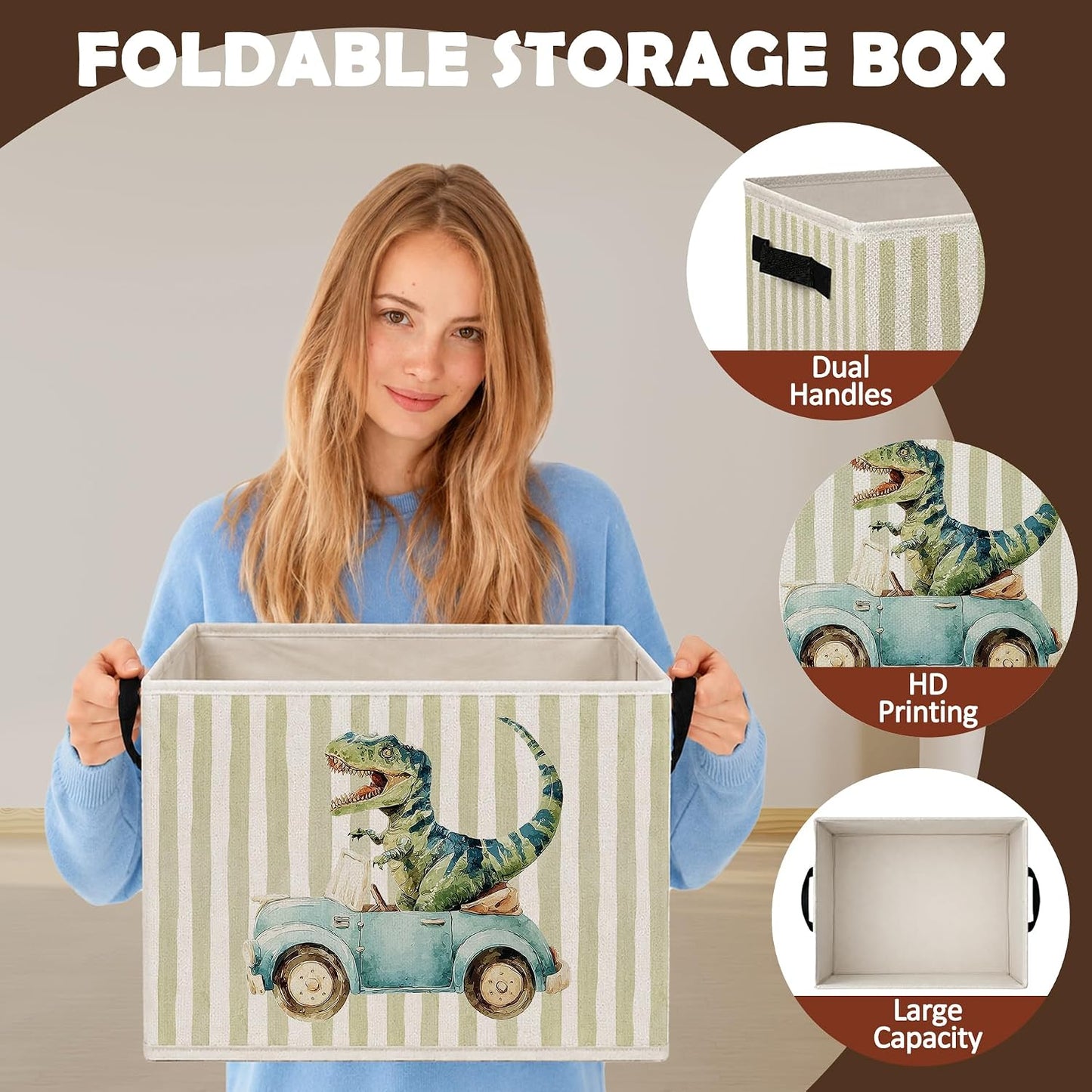 Dinosaur Car Boy Nursery Storage Bins with Handles | Dinosaur Racing Car Green Striped Foldable Collapsible Storage Basket Organizer for Kids Room Bedroom Bathroom Books Clothes