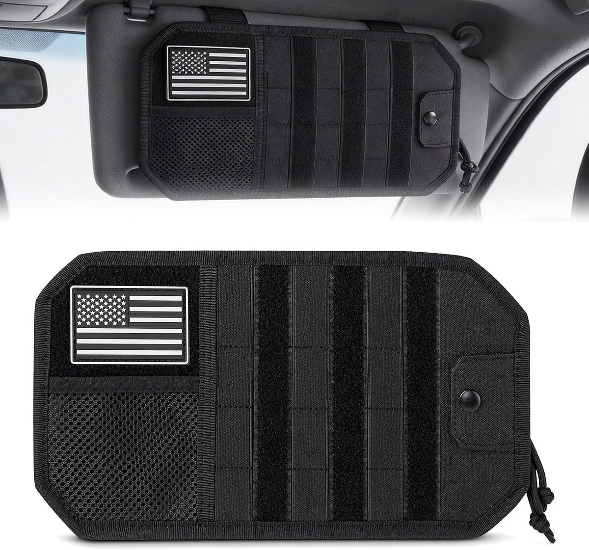 Molle Panel Car Sun Visor Organizer, Zipper Storage Pouch & Glasses Clip
