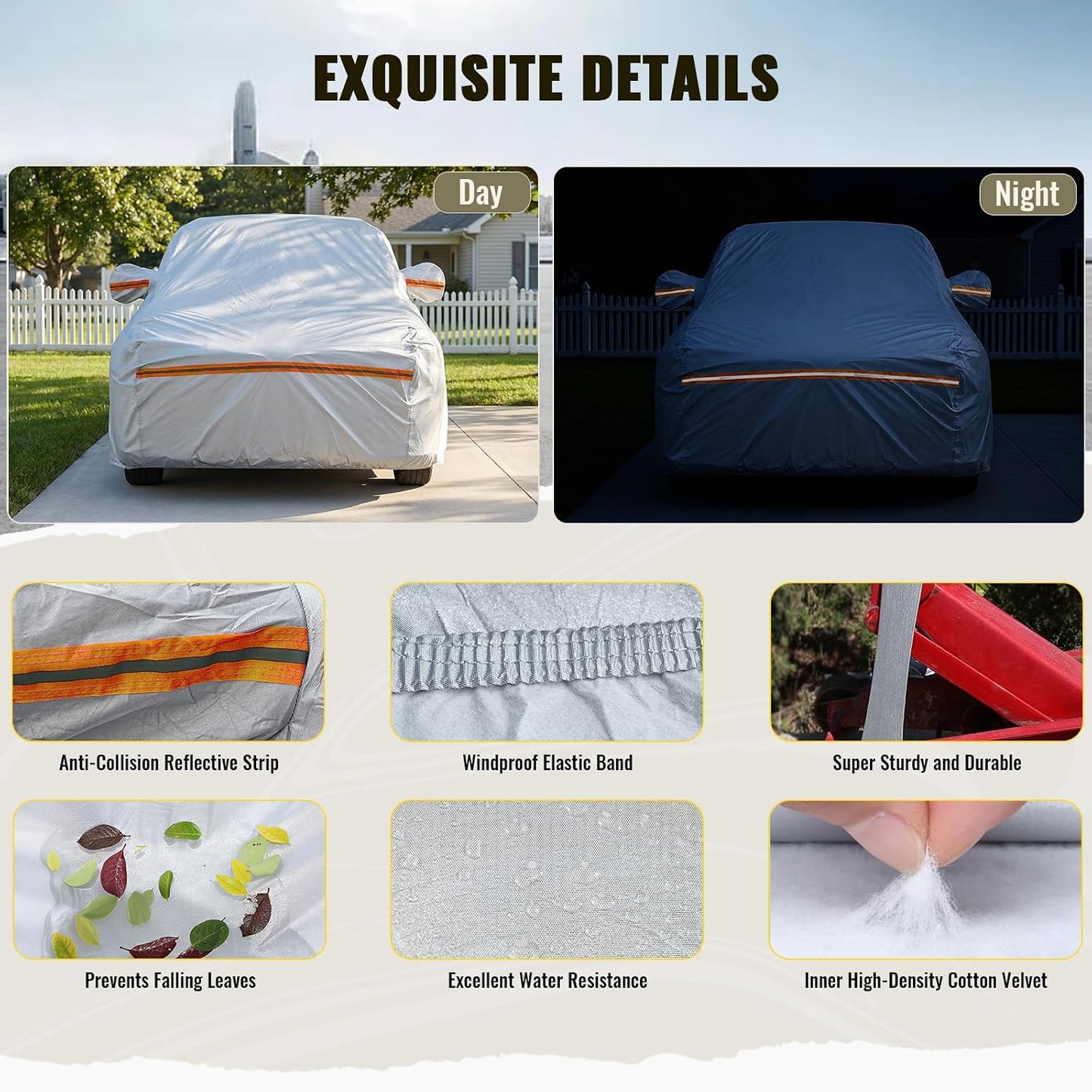 TUCAREST 6 Layers Full Car Cover for Sedan/Wagon/Coupe/Hatchback - Waterproof, Insulated, Anti-UV, Snow-Proof, Anti-Wind, All-Weather, Thickened Protection, up to 191 in