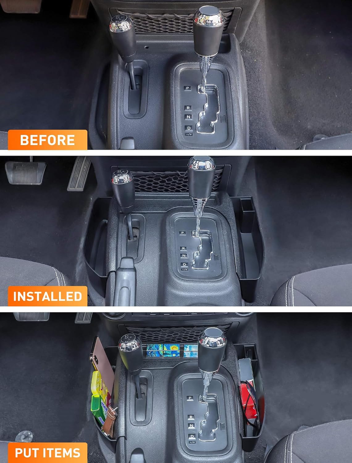 Savadicar GT-3 JK Shifter Storage Box, Gear Shift Console Side Tray Organizer for 2011-2018 Jeep Wrangler JK JKU, Interior Accessories, Reserved USB Charger Extender Slot, Black