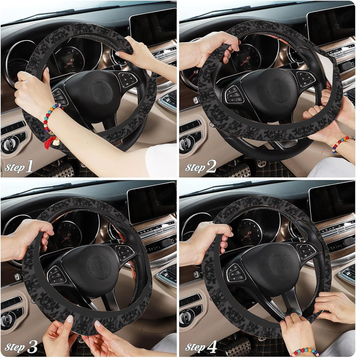 Vintage Black Floral Steering Wheel Covers Universal 15 Inch Car Wheel Cover,Anti-Slip Breathable Car Accessories Protector Fit for Trucks,Sedans,SUVs,Vans